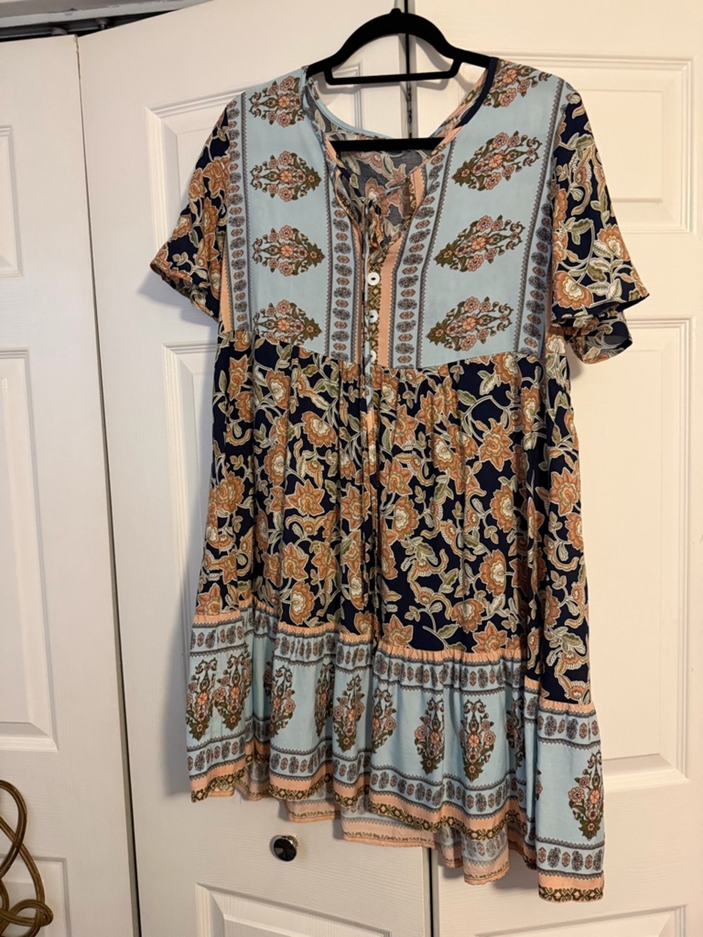 Boho Floral Tiered Tunic Dress - Navy & Light Blue